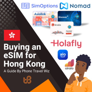 Buying an eSIM for Hong Kong Guide (logos of SimOptions, Nomad, Asialink, Discover+, Hkmobile, Holafly, Alosim & Airalo)