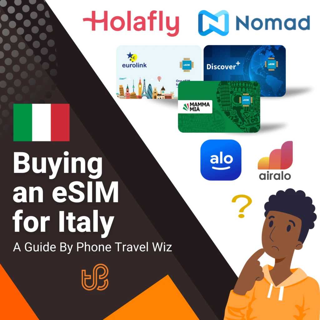 Buying an eSIM for Italy Guide (logos of Holafly, Nomad, Eurolink, Discover+, Mamma Mia, Alosim & Airalo)