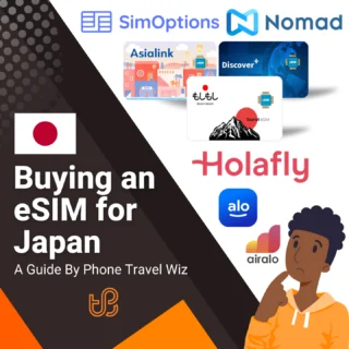 Buying an eSIM for Japan Guide (logos of SimOptions, Nomad, Asialink, Discover+, Moshi Moshi, Holafly, Alosim & Airalo)