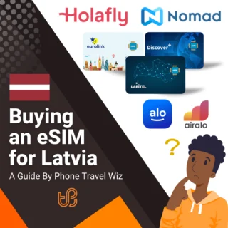 Buying an eSIM for Latvia Guide (logos of Holafly, Nomad, Eurolink, Discover+, Labitel, Alosim & Airalo)