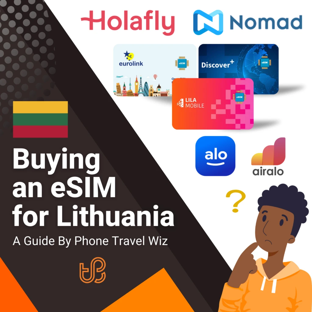 Buying an eSIM for Lithuania Guide (logos of Holafly, Nomad, Eurolink, Discover+, Lila Mobile, Alosim & Airalo)