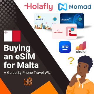 Buying an eSIM for Malta Guide (logos of Holafly, Nomad, Eurolink, Discover+, Maltafone, Alosim & Airalo)