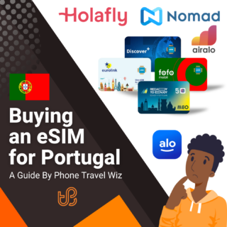 Buying an eSIM for Portugal Guide (logos of Holafly, Nomad, Airalo, Eurolink, Discover+, Eurolink, Fofo Mobile, Ready To Enjoy & Alosim)
