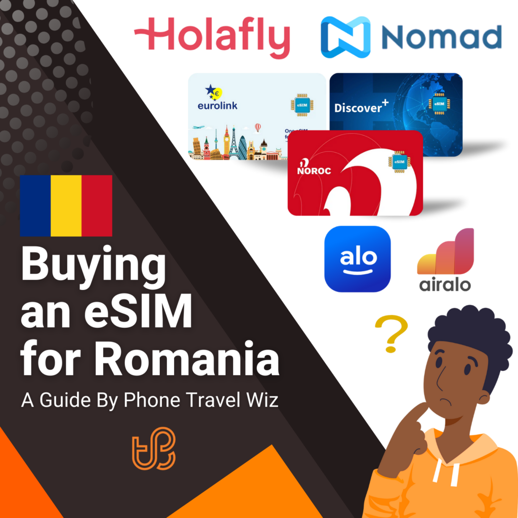 Buying  an eSIM for Romania Guide (logos of Holafly, Nomad, Eurolink, Discover+, Noroc, Alosim & Airalo)