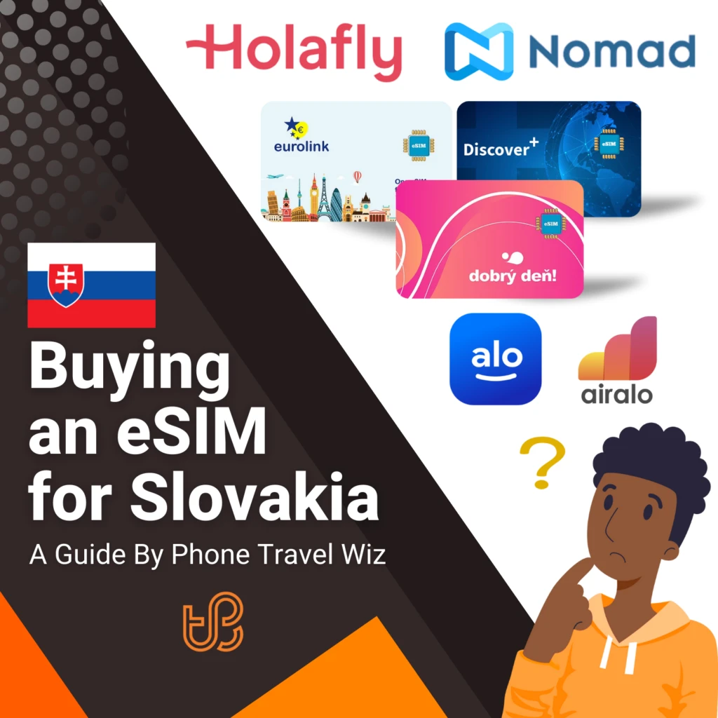 Buying an eSIM for Slovakia Guide (logos of Holafly, Nomad, Eurolink, Discover+, Dobr&yacute; deň!, Alosim & Airalo)