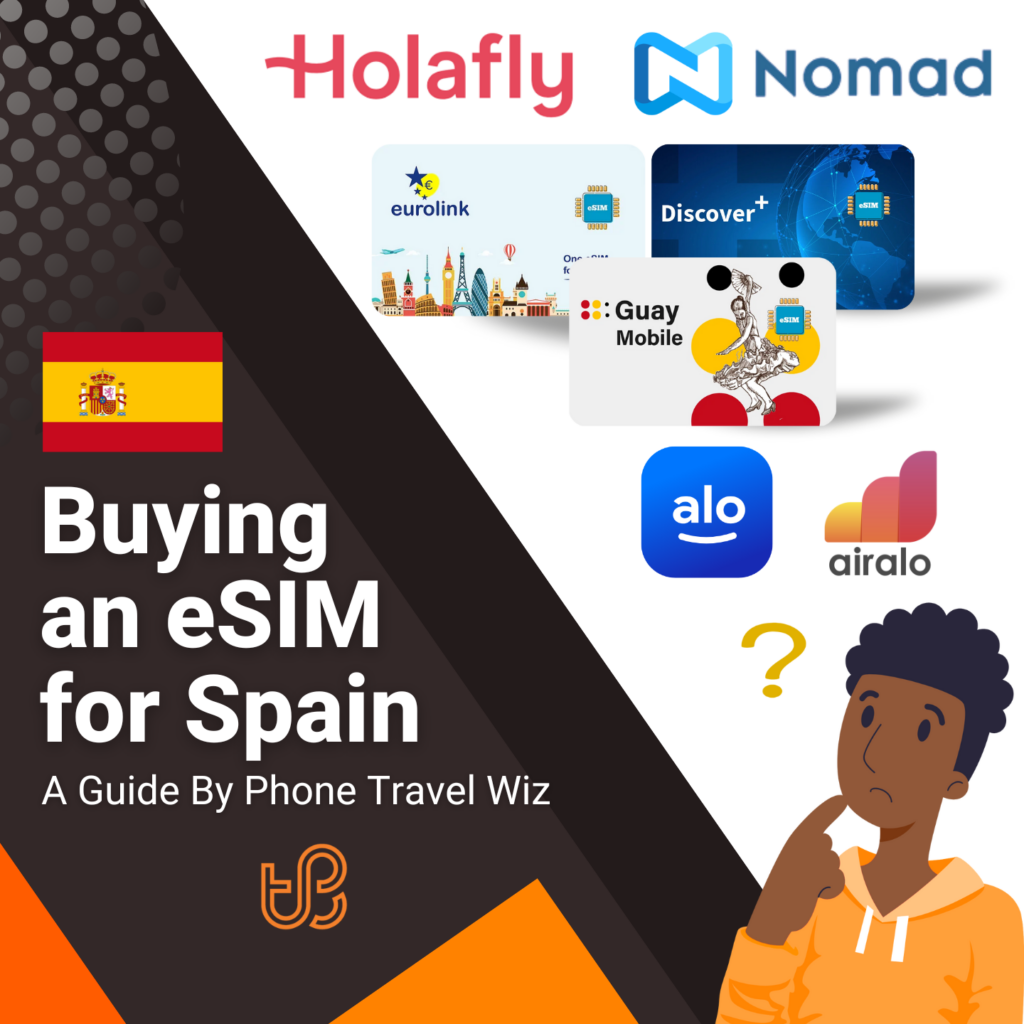 Buying an eSIM for Spain Guide (logos of Holafly, Nomad, Eurolink, Discover+, Guay Mobile, Alosim & Airalo)