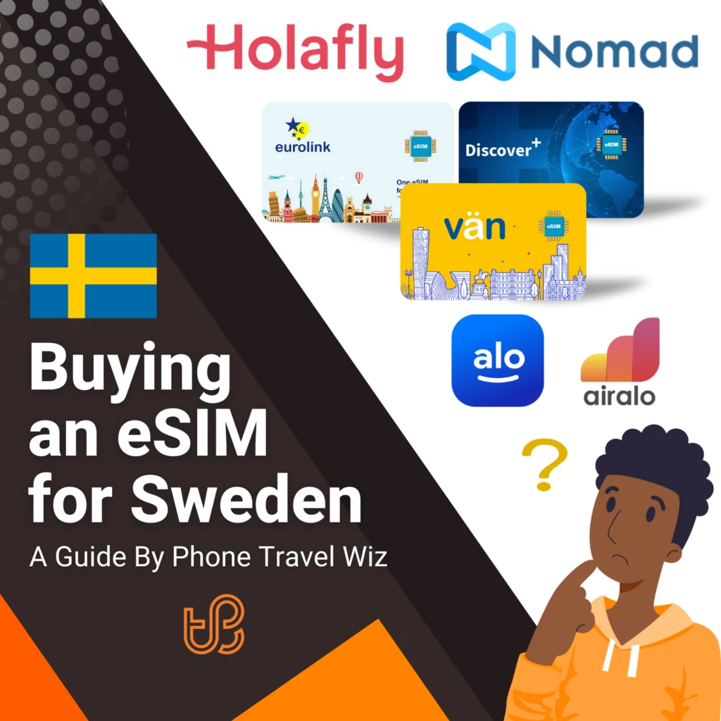 Buying  an eSIM for Sweden Guide (logos of Holafly, Nomad, Eurolink, Discover+, Vän, Alosim & Airalo)