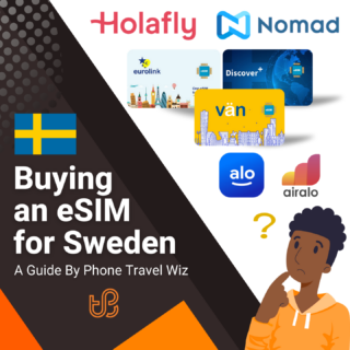 Buying an eSIM for Sweden Guide (logos of Holafly, Nomad, Eurolink, Discover+, Vän, Alosim & Airalo)