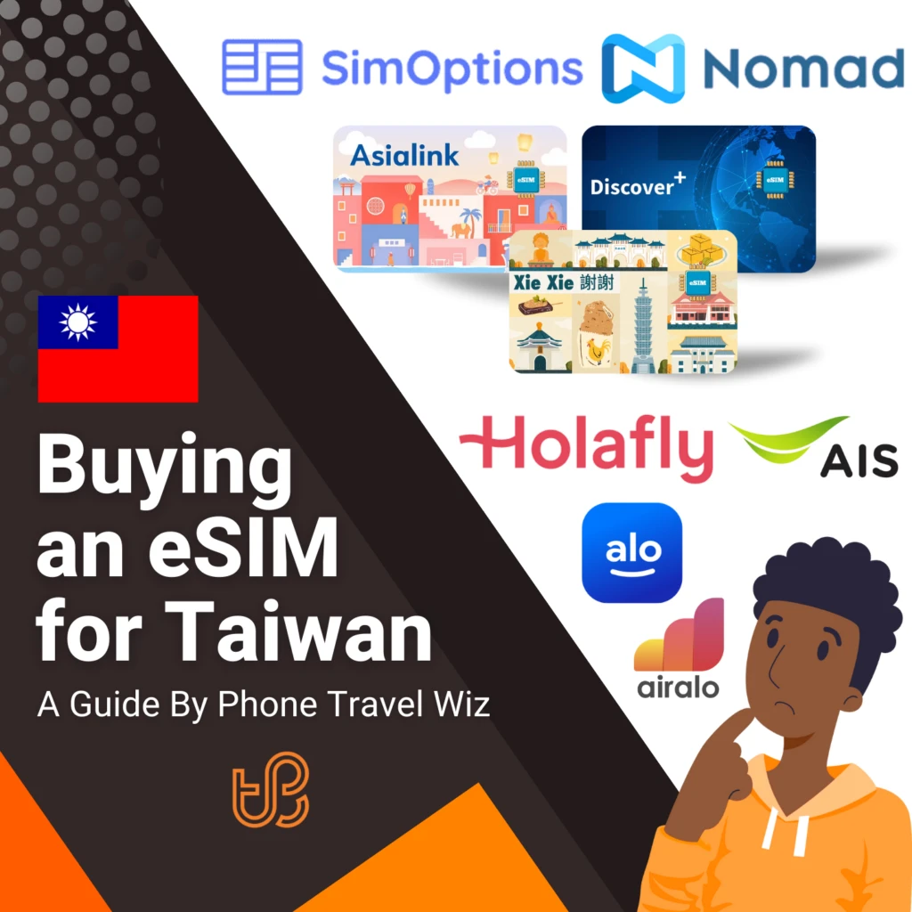 Buying an eSIM for Taiwan Guide (logos of SimOptions, Nomad, Asialink, Discover+, Xie Xie, Holafly, AIS, Alosim & Airalo)