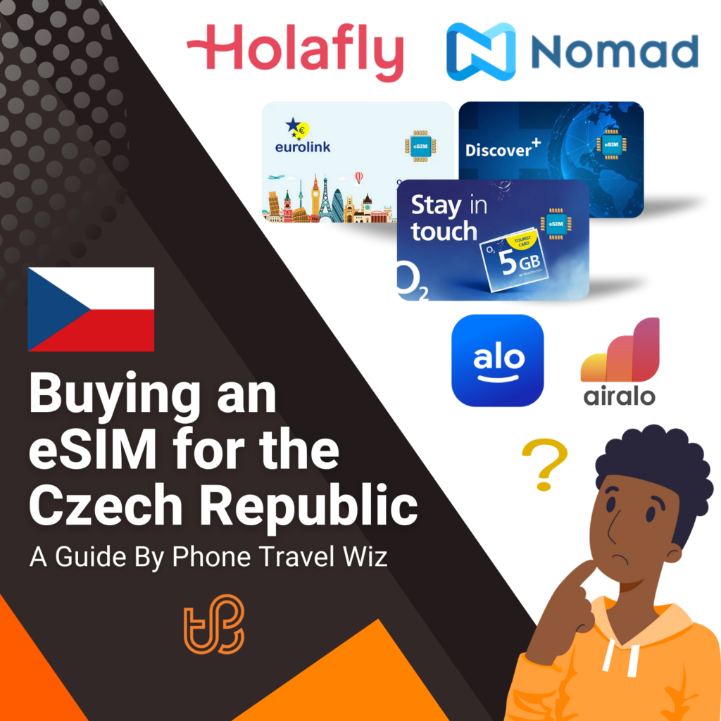 Buying an eSIM for the Czech Republic Guide (logos of Holafly, Nomad, Eurolink, Discover+, Stay in Touch, Alosim & Airalo)