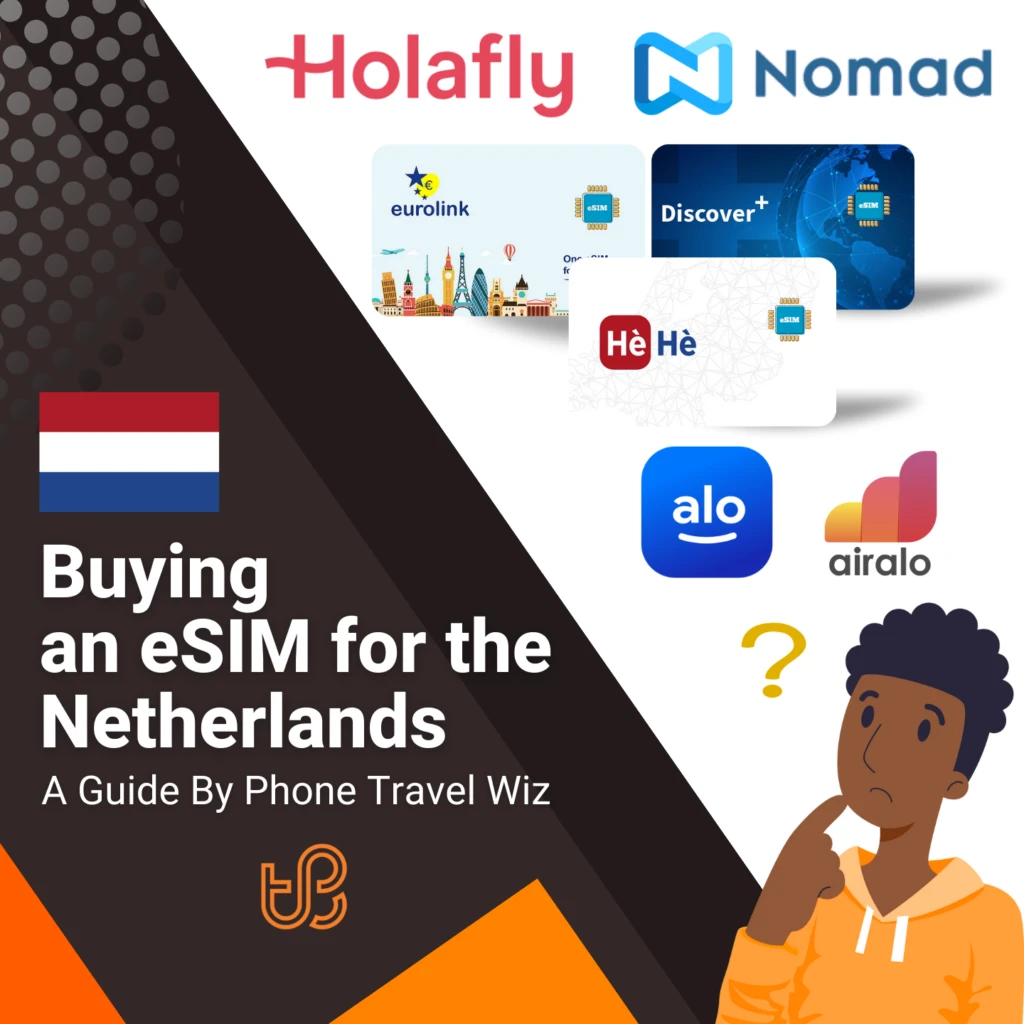 Buying  an eSIM for the Netherlands Guide (logos of Holafly, Nomad, Eurolink, Discover+, Hè Hè, Alosim & Airalo)