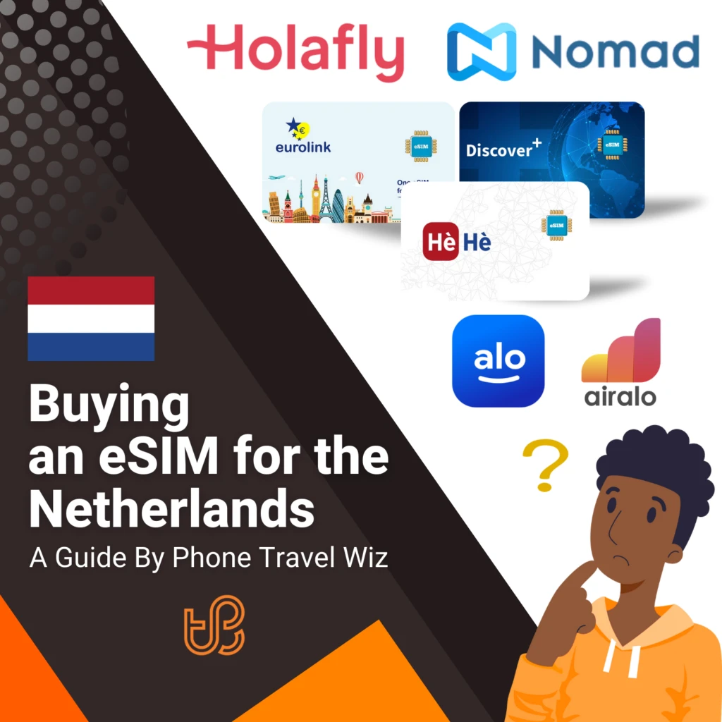 Buying an eSIM for the Netherlands Guide (logos of Holafly, Nomad, Eurolink, Discover+, Hè Hè, Alosim & Airalo)