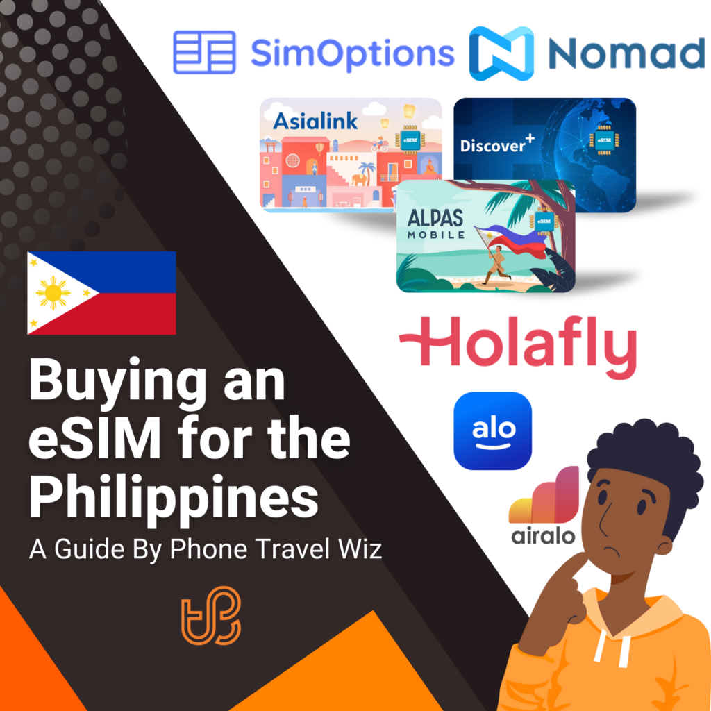 Buying an eSIM for the Philippines Guide (logos of SimOptions, Nomad, Asialink, Discover+, Alpas Mobile, Holafly, Alosim & Airalo)
