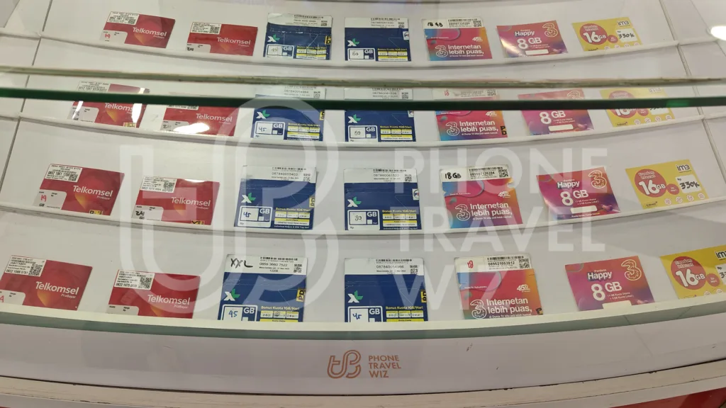 Indonesian SIM Cards Displayed at Point Cellular at at Jakarta-Soekarno-Hatta International Airport
