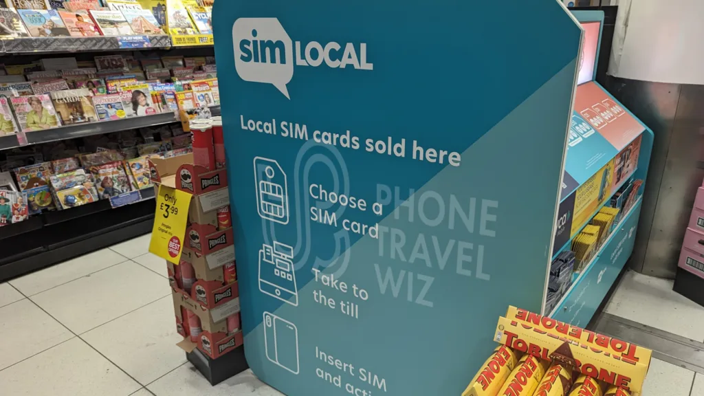 Sim Local Sign at WHSmith at London Gatwick Airport Informing You about SIM Cards Sold Here (South Terminal)