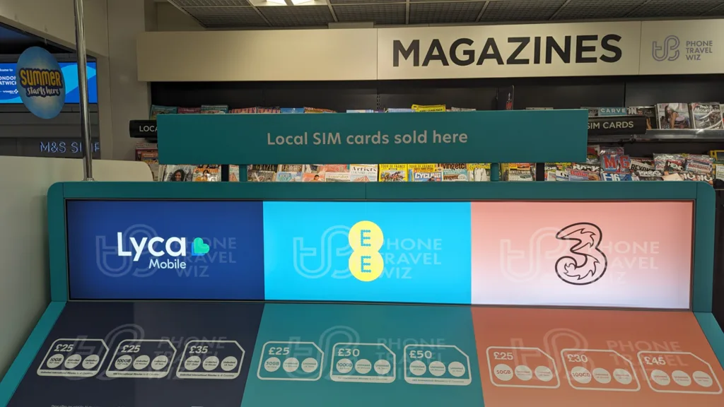 WHSmith at London Gatwick Airport South Terminal Selling EE, Three (3) & Lycamobile SIM Cards