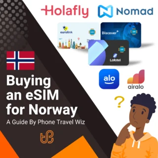 Buying an eSIM for Norway Guide (logos of Holafly, Nomad, Eurolink, Discover+, Lfotel, Alosim & Airalo)
