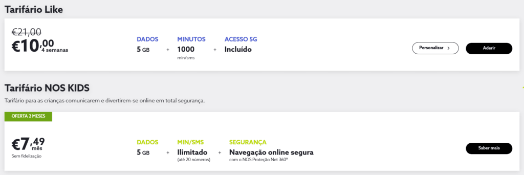 NOS Portugal Pré-pagos Tarifários de Telemóvel (Prepaid Cellphone Tariffs)