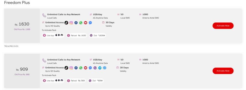 Airtel Sri Lanka Freedom Plus Plans