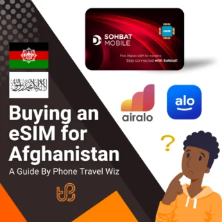 Buying an eSIM for Afghanistan Guide (logos of Sohbat Mobile, Airalo & Alosim)