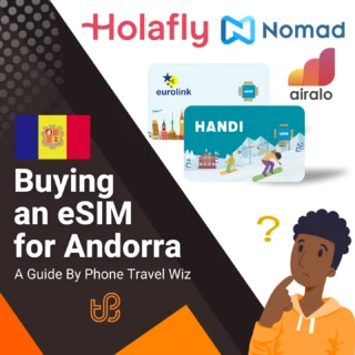 Buying an eSIM for Andorra Guide (logos of Holafly, Nomad, Eurolink, Hnadi & Airalo)