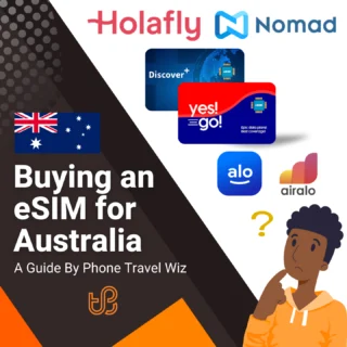 Buying an eSIM for Australia Guide (logos of Holafly, Nomad, Discover+, Yes! Go!, Alosim & Airalo)