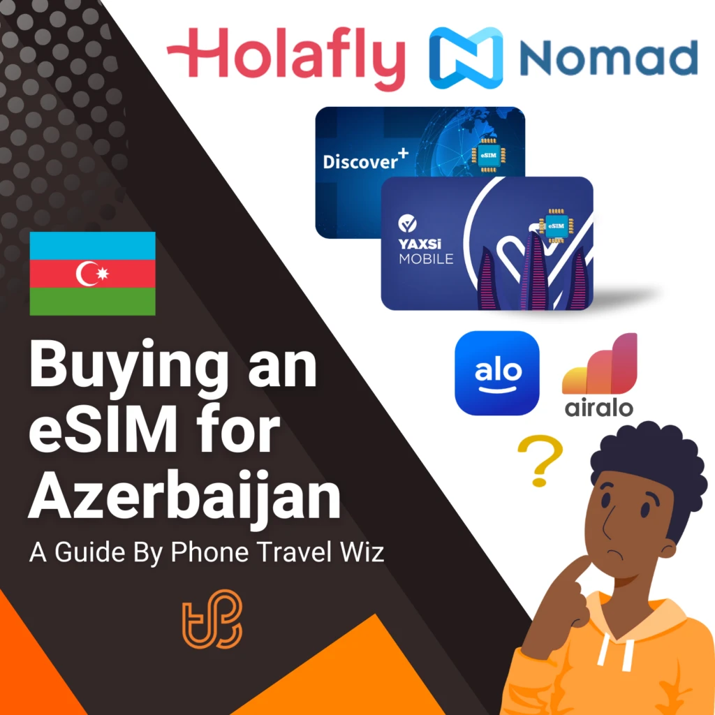 Buying an eSIM for Azerbaijan Guide (logos of Holafly, Nomad, Discover+, Yaxsi Mobile, Alosim & Airalo)