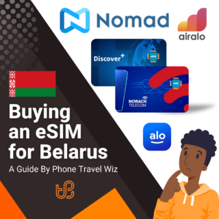 Buying an eSIM for Belarus Guide (logos of Nomad, Airalo, Discover+, Norach Telecom & Alosim)