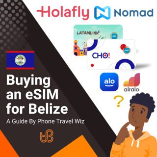 Buying an eSIM for Belize Guide (logos of Holafly, Nomad, Latamlink, Cho!, Alosim & Airalo)