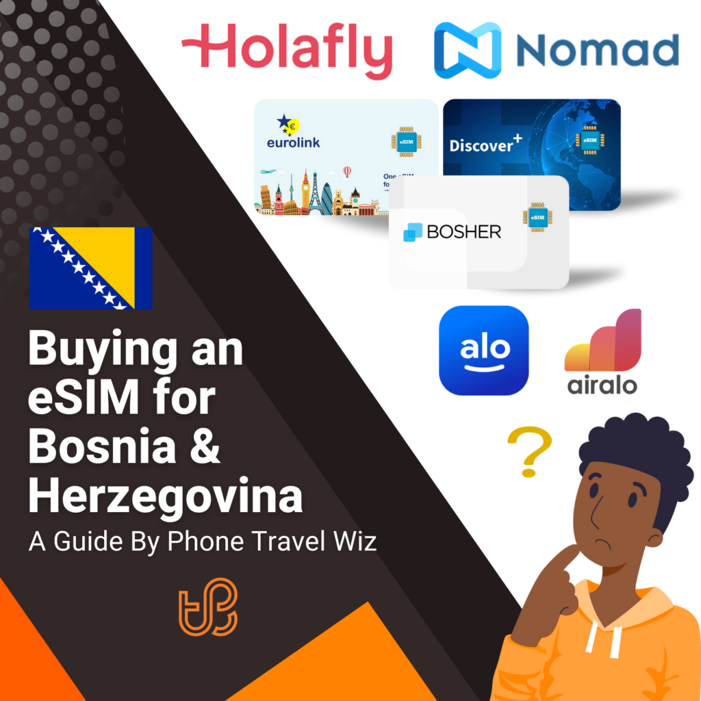 Buying an eSIM for Bosnia & Herzegovina Guide (logos of Holafly, Nomad, Eurolink, Discover+, Bosher, Alosim & Airalo)