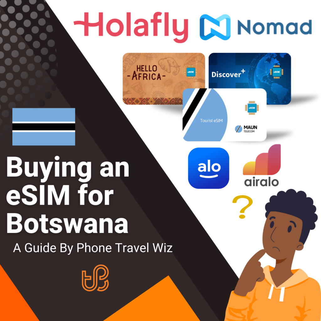Buying an eSIM for Botswana Guide (logos of Holafly, Nomad, Hello Africa, Discover+, Maun Telecom, Alosim & Airalo)