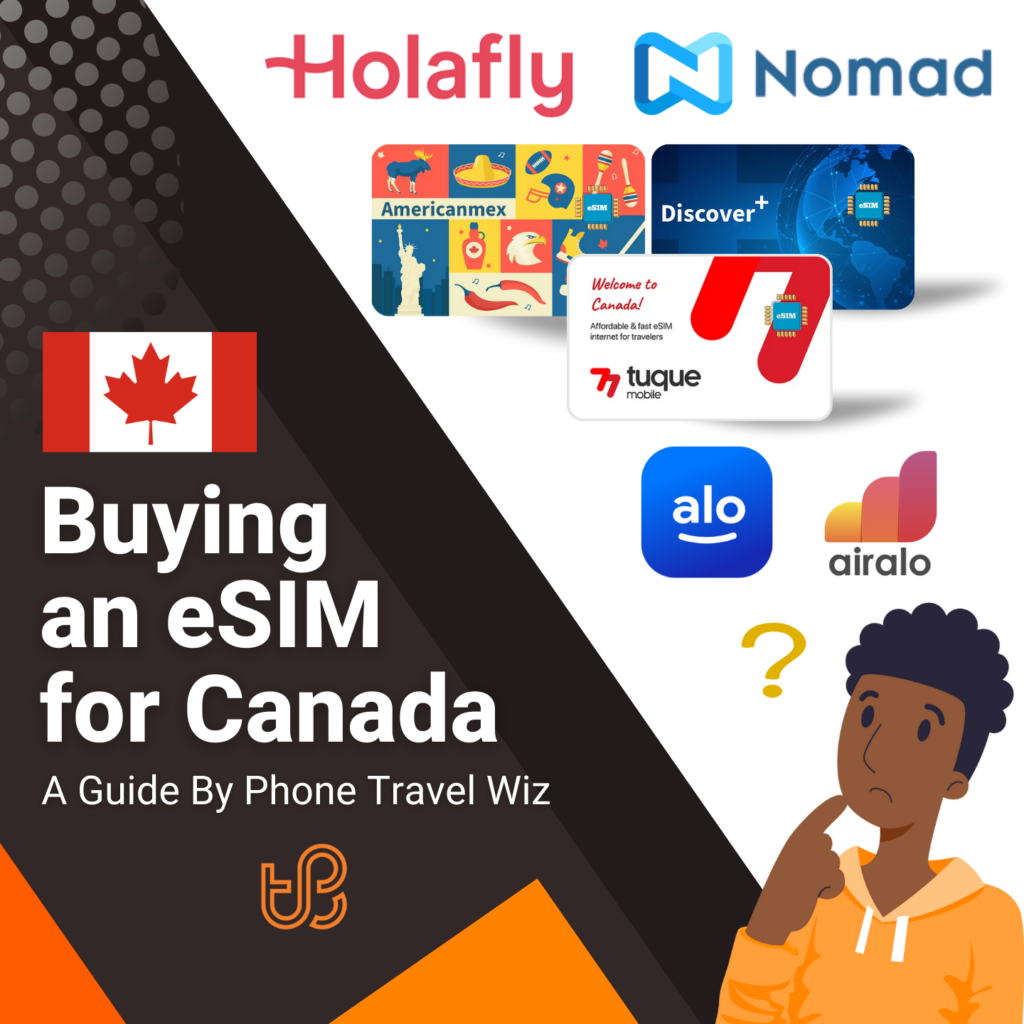 Buying an eSIM for Canada Guide (logos of Holafly, Nomad, Americanmex, Discover+, Tuque Mobile, Alosim & Airalo)
