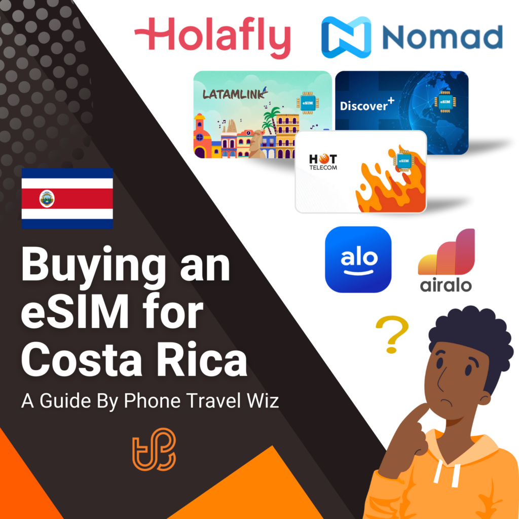 Buying an eSIM for Costa Rica Guide (logos of Holafly, Nomad, Latamlink, Discover+, Hot Telecom, Alosim & Airalo)