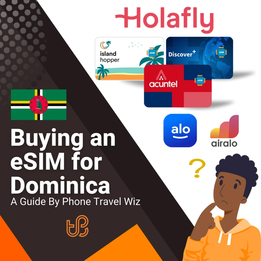Buying an eSIM for Dominica Guide (logos of Holafly, Island Hopper, Discover+, Acuntel, Alosim & Airalo)