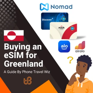 Buying an eSIM for Greenland Guide (logos of Nomad, Discover+, Nuuk Mobile, Alosim & Airalo)