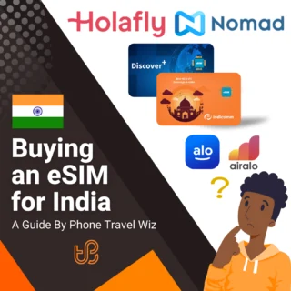 Buying an eSIM for India Guide (logos of Holafly, Nomad, Discover+, Indicomm, Alosim & Airalo)