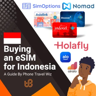 Buying an eSIM for Indonesia Guide (logos of SimOptions, Nomad, Asialink, Discover+, Indotel, Holafly, Alosim & Airalo)