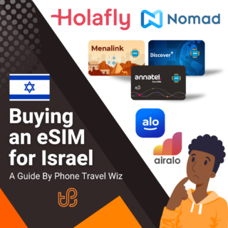 Buying an eSIM for Israel Guide (logos of Holafly, Nomad, Menalink, Discover+, Annatel, Alosim, Airalo)
