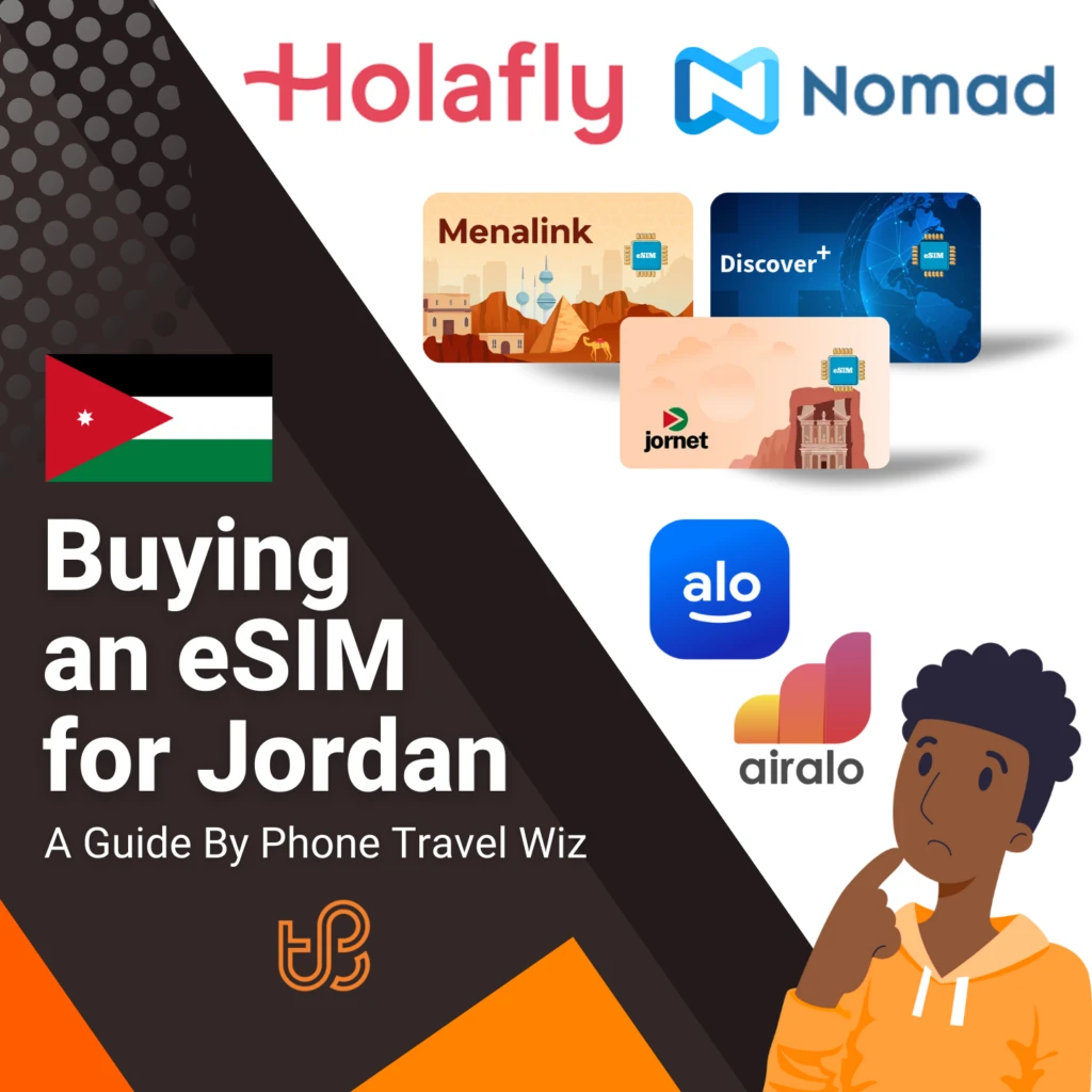 Buying an eSIM for Jordan Guide (logos of Holafly, Nomad, Menalink, Discover+, Jornet, Alosim & Airalo)