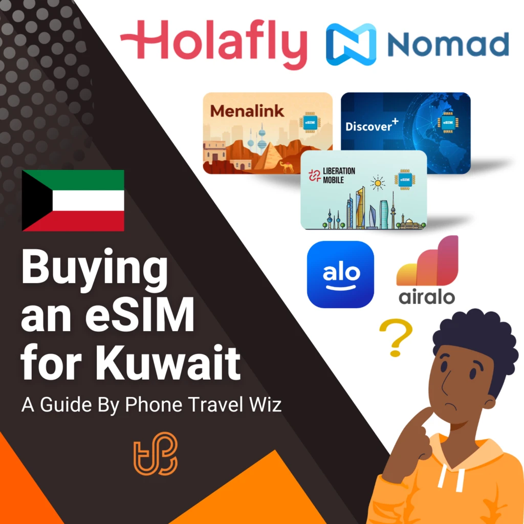 Buying an eSIM for Kuwait Guide (logos of Holafly, Nomad, Menalink, Discover+, Liberation, Mobile, Alosim & Airalo)