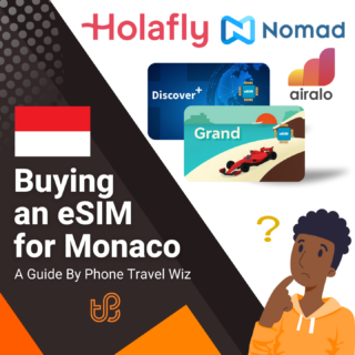 Buying an eSIM for Monaco Guide (logos of Holafly, Nomad, Discover+, Grand & Airalo)