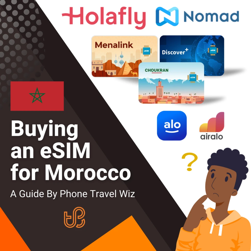 Buying an eSIM for Morocco Guide (logos of Holafly, Nomad, Menalink, Discover+, Choukran, Alosim & Airalo)