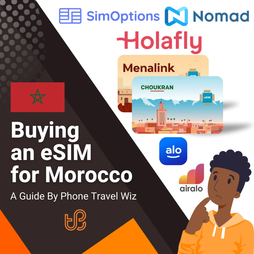 Buying an eSIM for Morocco Guide (logos of SimOptions, Nomad, Holafly, Menalink, Choukran, Alosim & Airalo)