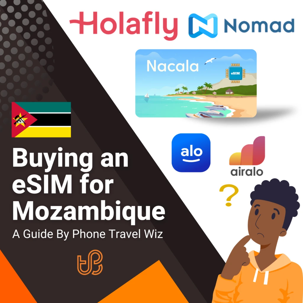 Buying an eSIM for Mozambique Guide (logos of Holafly, Nomad, Nacala, Alosim & Airalo)