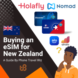 Buying an eSIM for New Zealand Guide (logos of Holafly, Nomad, Discover+, Nzcom, Alosim & Airalo)