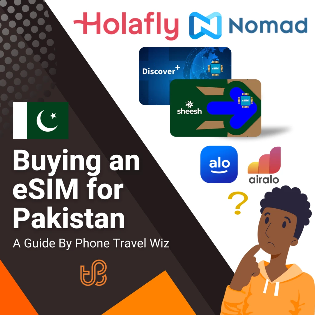 Buying an eSIM for Pakistan Guide (logos of Holafly, Nomad, Discover+, Sheesh, Alosim & Airalo)