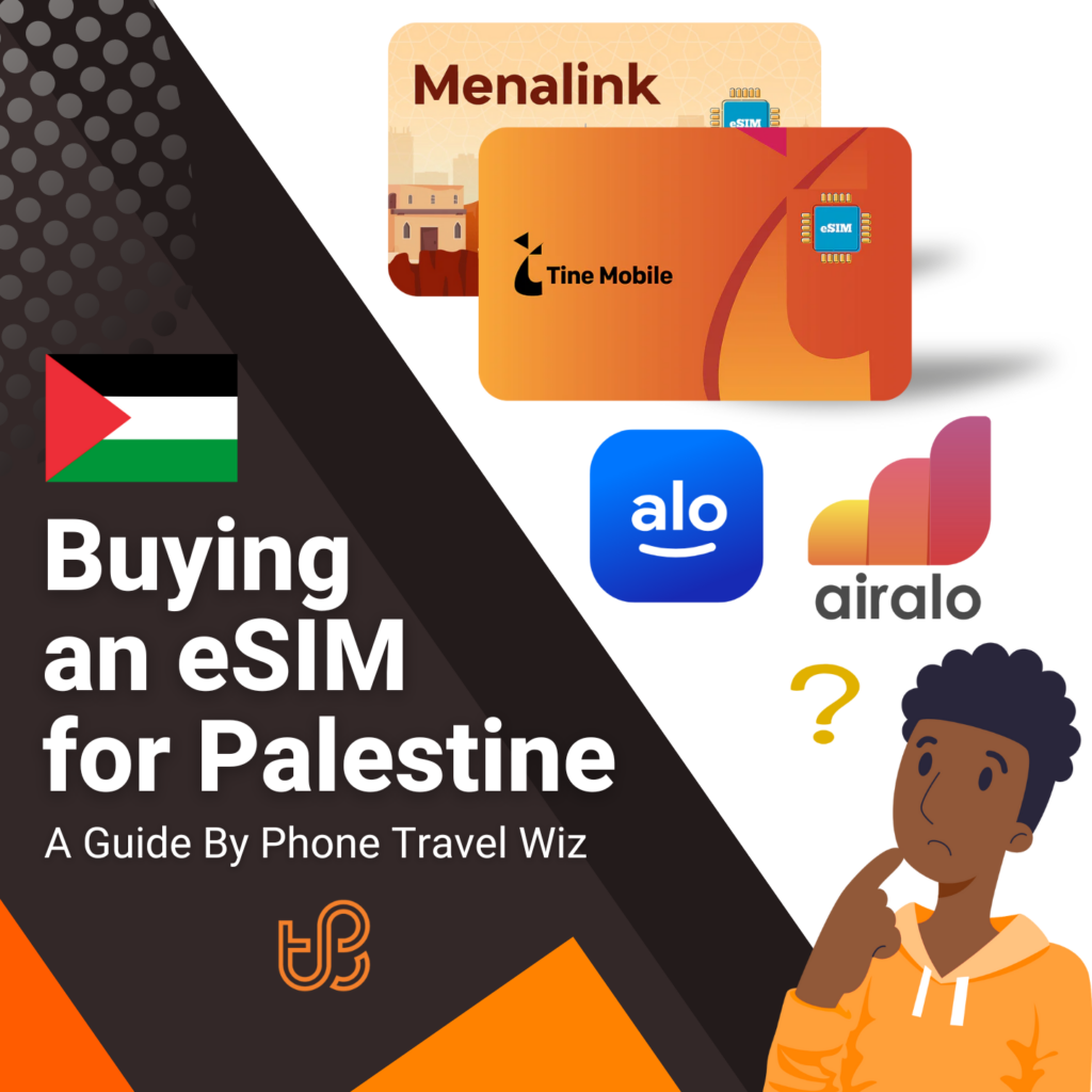 Buying an eSIM for Palestine Guide (logos of Menalink, Tine Mobile, Alosim & Airalo)