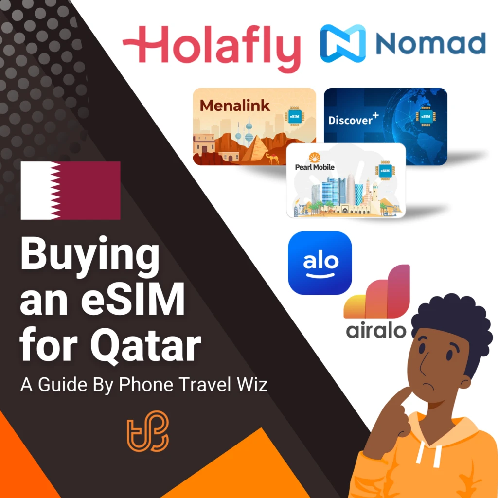 Buying an eSIM for Qatar Guide (logos of Holafly, Nomad, Menalink, Discover+, Pearl Mobile, Alosim & Airalo)