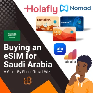 Buying an eSIM for Saudi Arabia Guide (logos of Holafly, Nomad, Menalink, Discover+, Red Sand, Alosim & Airalo)
