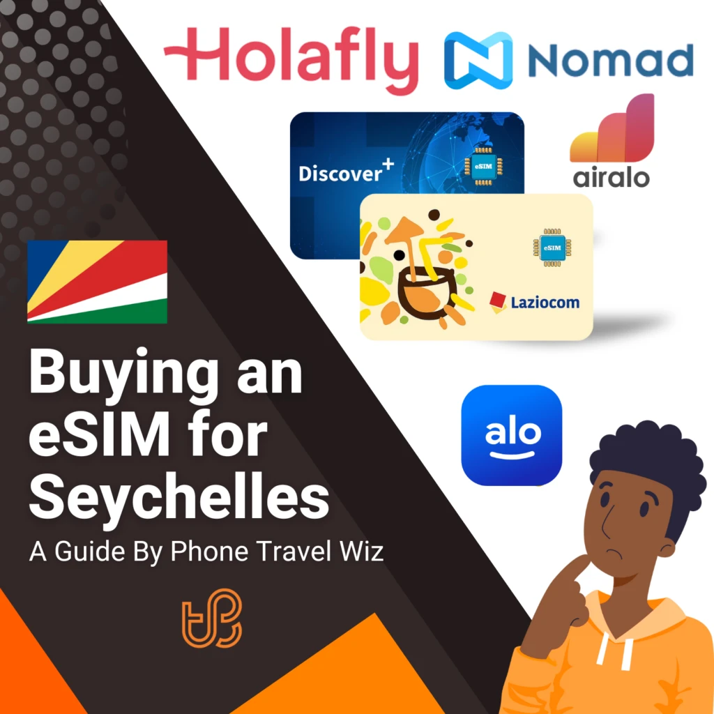 Buying an eSIM for Seychelles Guide (logos of Holafly, Nomad, Discover+, Laziocom, Airalo & Alosim)